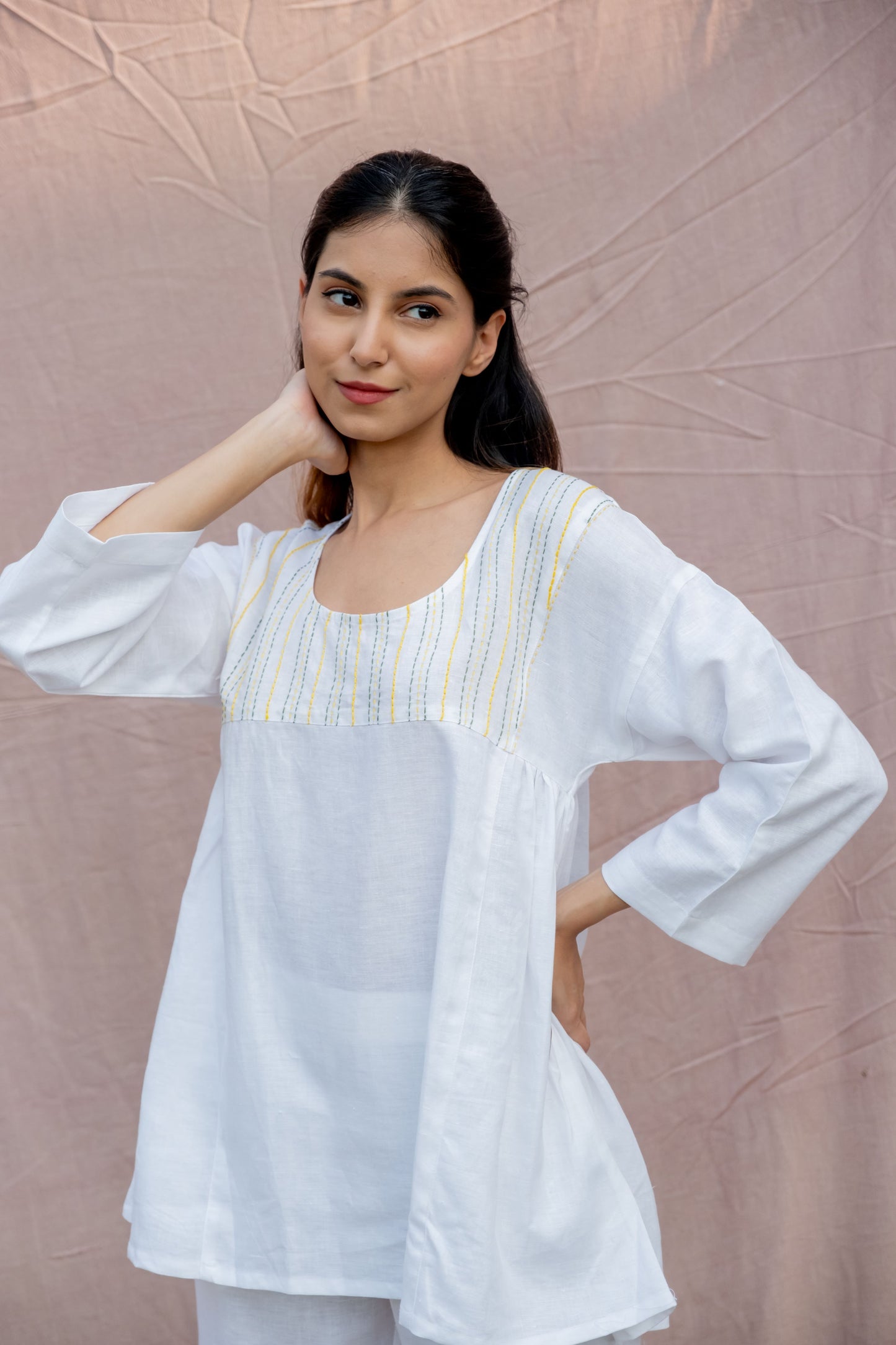 Lincell Gathered Embroidered Co-ord Set - Pristine White