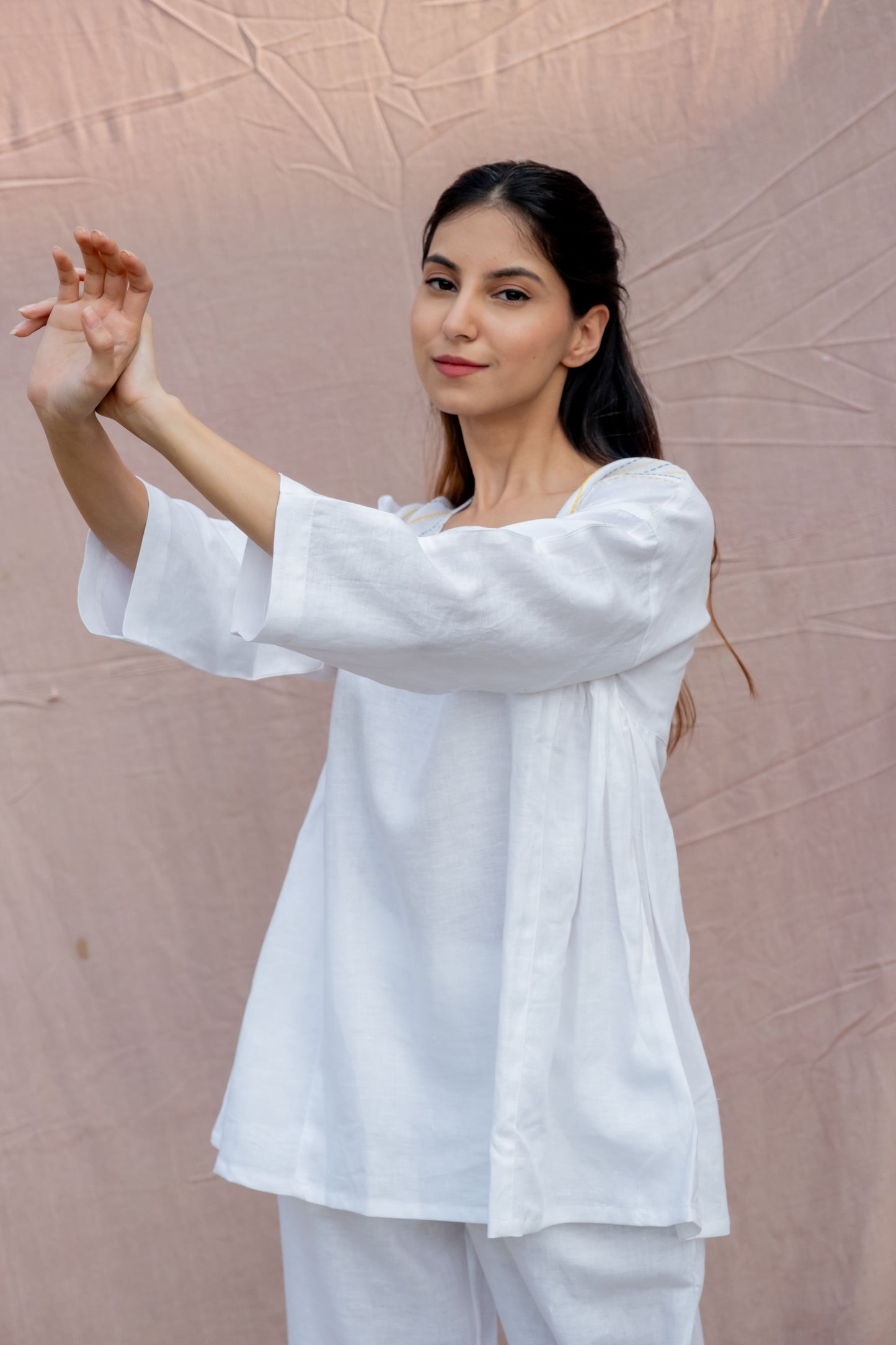 Lincell Gathered Embroidered Co-ord Set - Pristine White