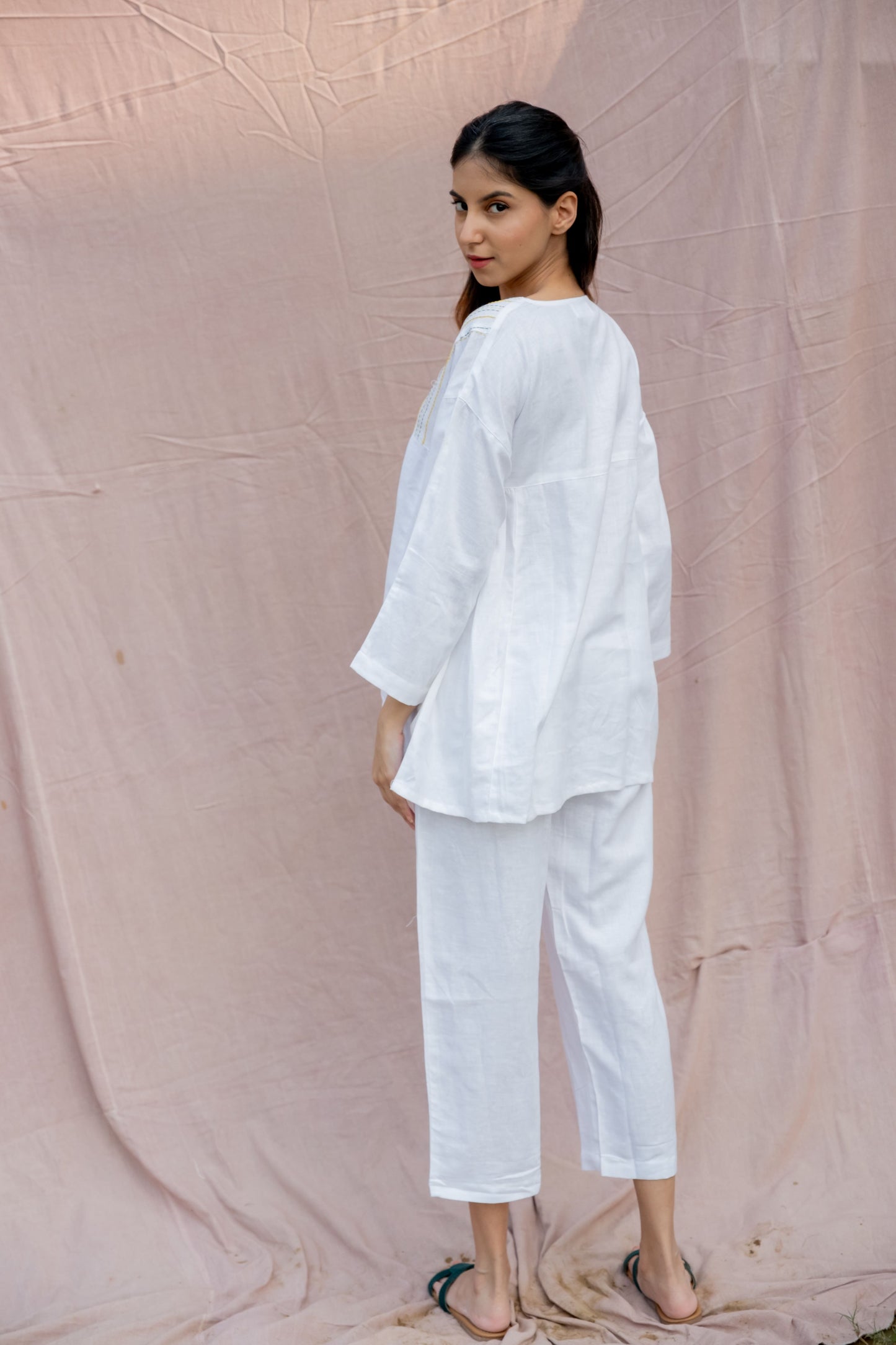 Lincell Gathered Embroidered Co-ord Set - Pristine White