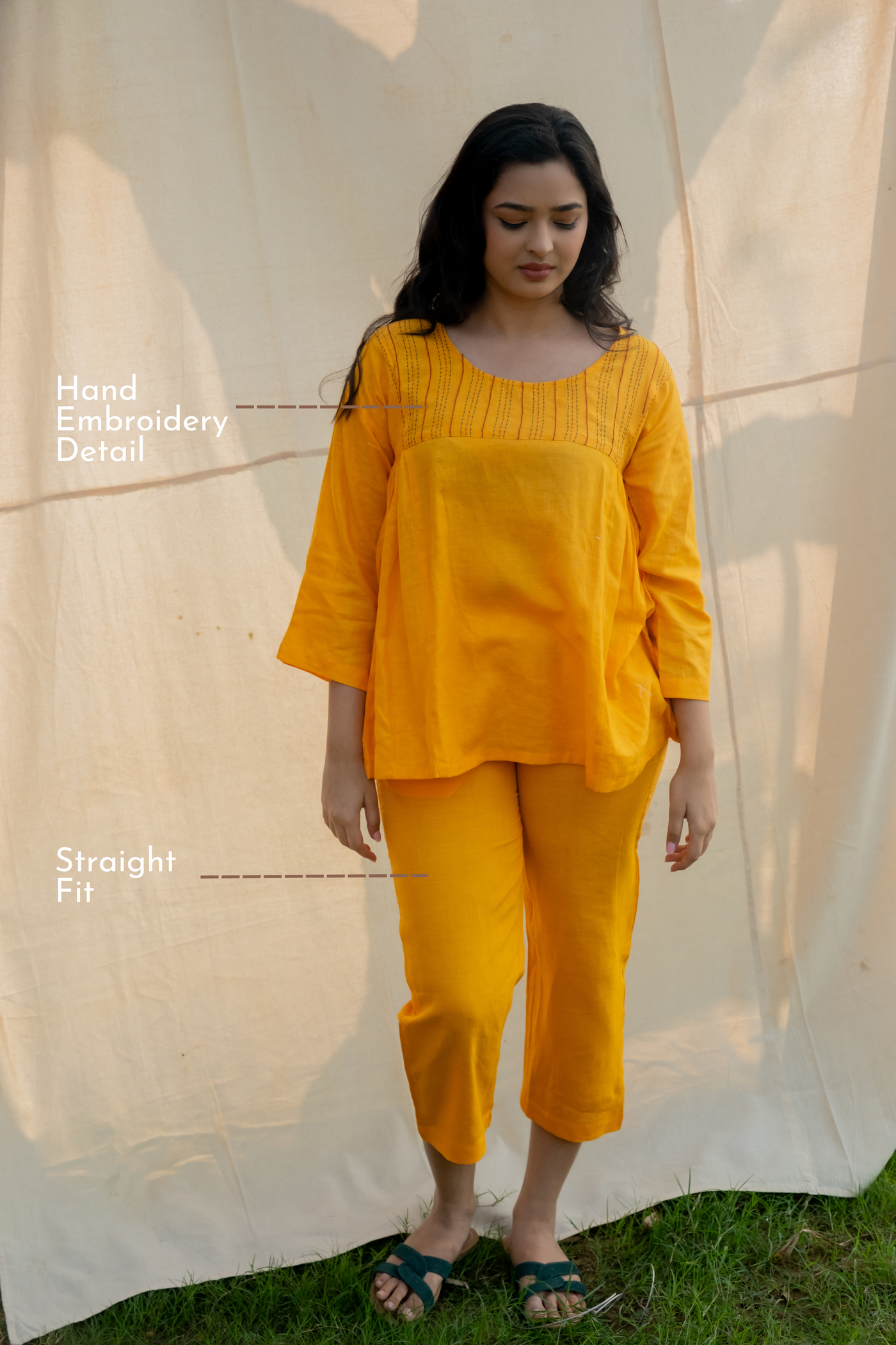 Lincell Gathered Embroidered Co-ord Set - Amber Yellow