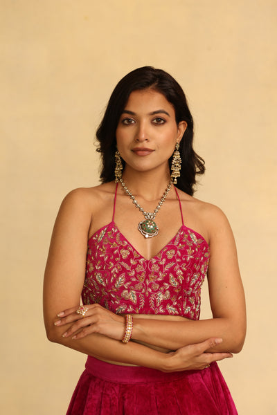 Velvet Embroidered Blouse & Jacket With Lehenga (3 Pcs Set)