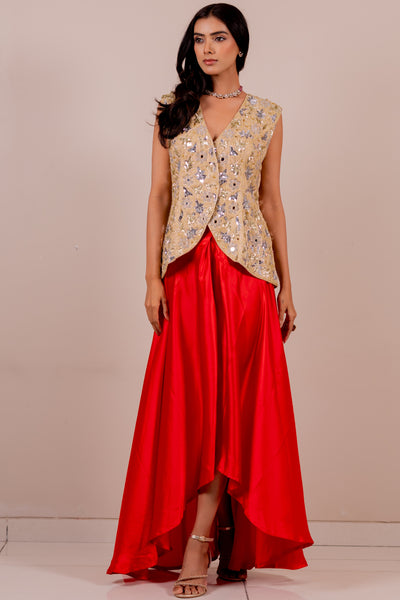 Embroidered Waistcoat with Rose Silk Draped Skirt Set