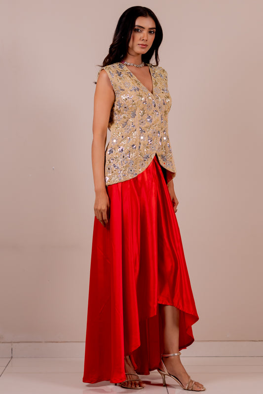Embroidered Waistcoat with Rose Silk Draped Skirt Set