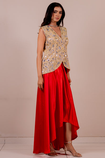Embroidered Waistcoat with Rose Silk Draped Skirt Set