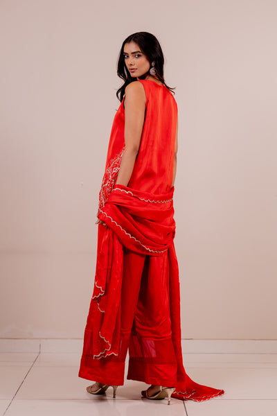 Floral Embroidered Rose Silk Short Kurta Set