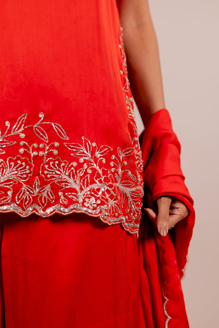 Floral Embroidered Rose Silk Short Kurta Set