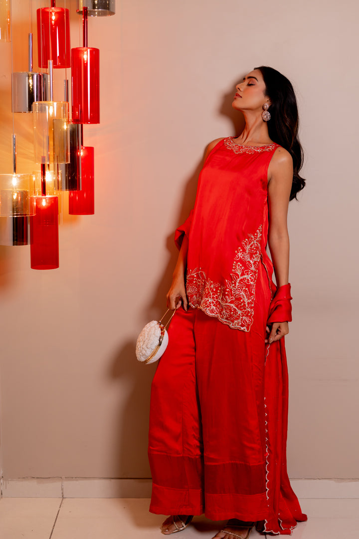 Floral Embroidered Rose Silk Short Kurta Set