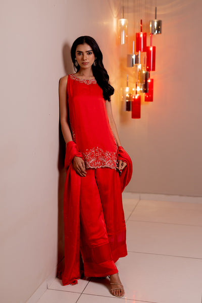 Floral Embroidered Rose Silk Short Kurta Set