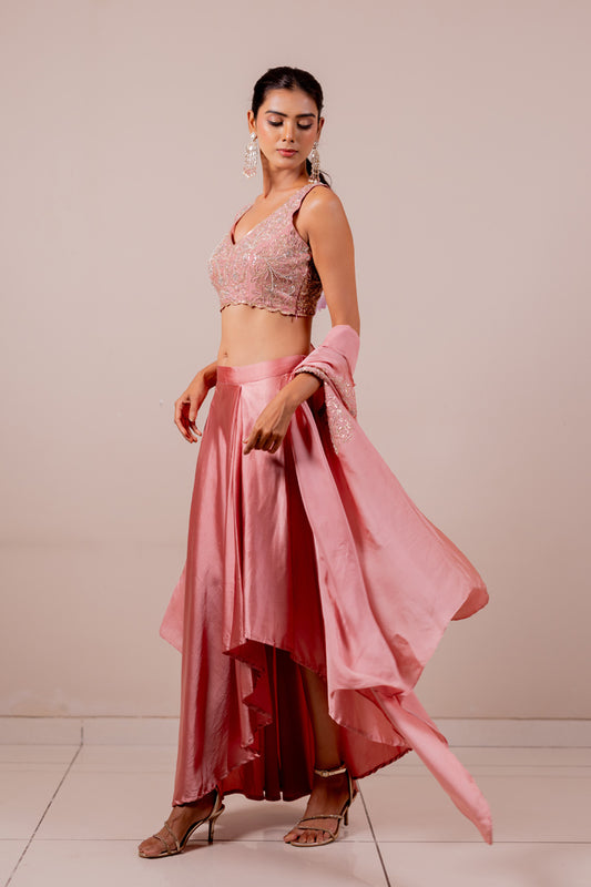 Floral Embroidered Rose Silk Cape Set