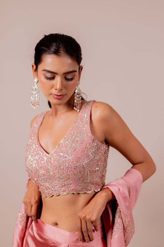 Floral Embroidered Rose Silk Cape Set