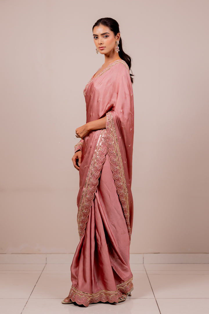 Floral Embroidered Rose Silk Saree