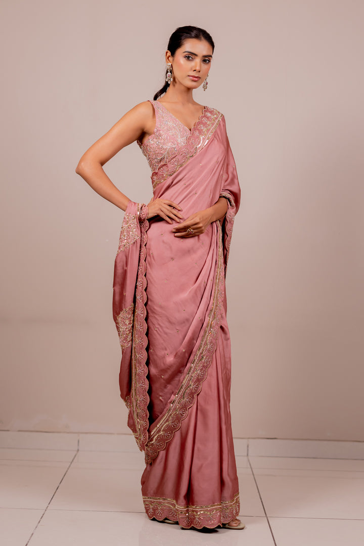Floral Embroidered Rose Silk Saree
