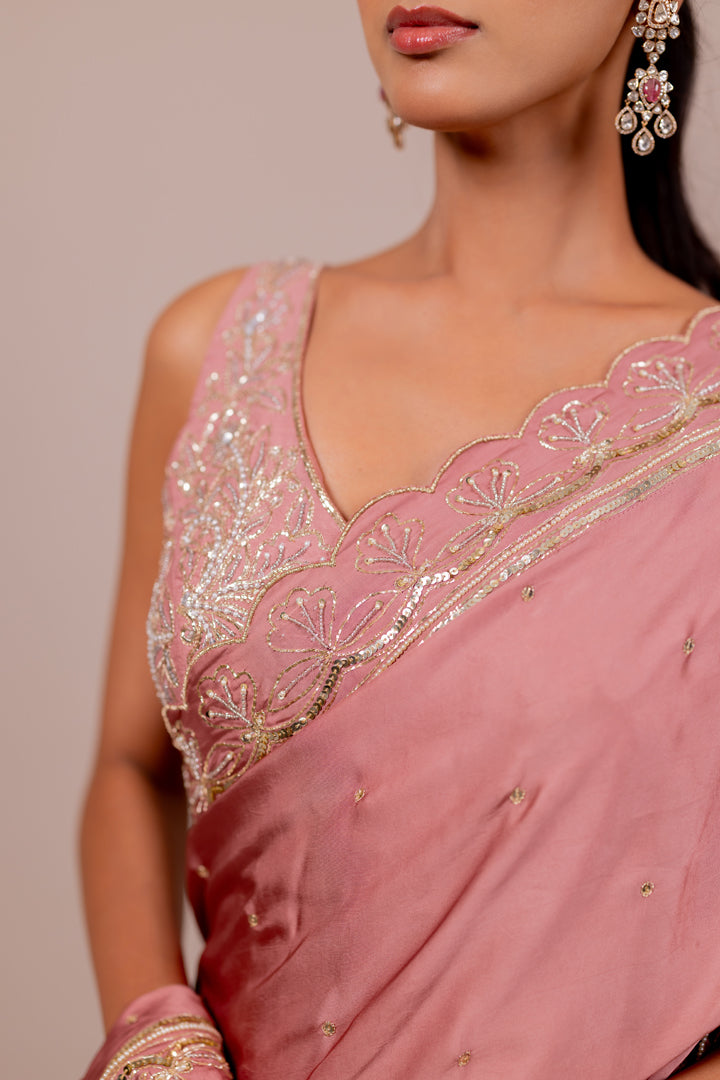 Floral Embroidered Rose Silk Saree