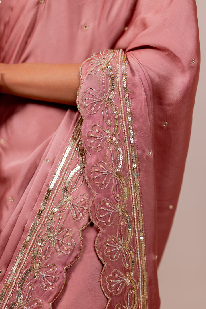 Floral Embroidered Rose Silk Saree