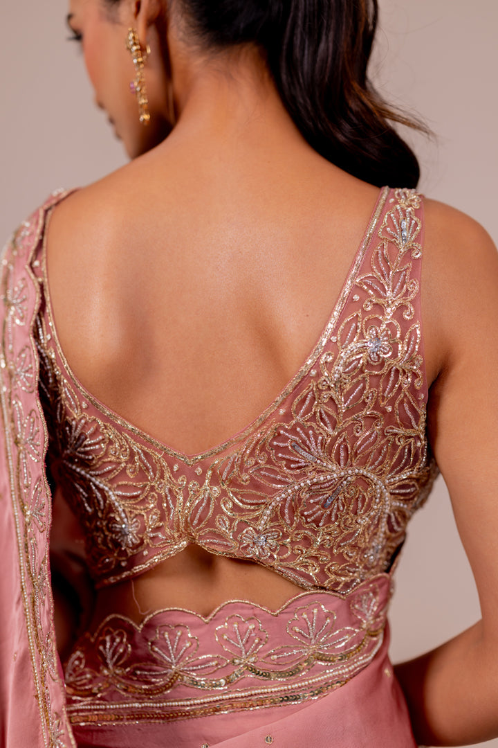 Floral Embroidered Rose Silk Saree