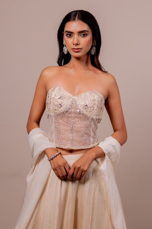 Floral Embroidered Corset with Rose Silk Lehenga Set