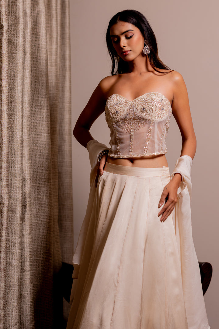 Floral Embroidered Corset with Rose Silk Lehenga Set