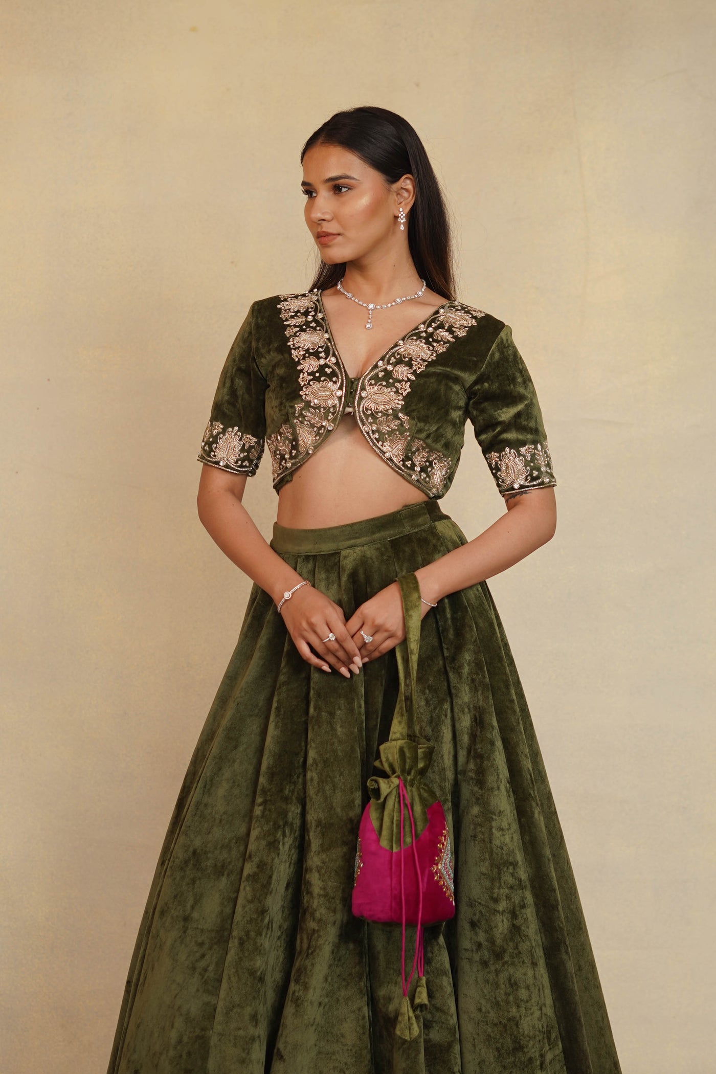 Velvet Edge Embroidered Blouse & Lehenga set