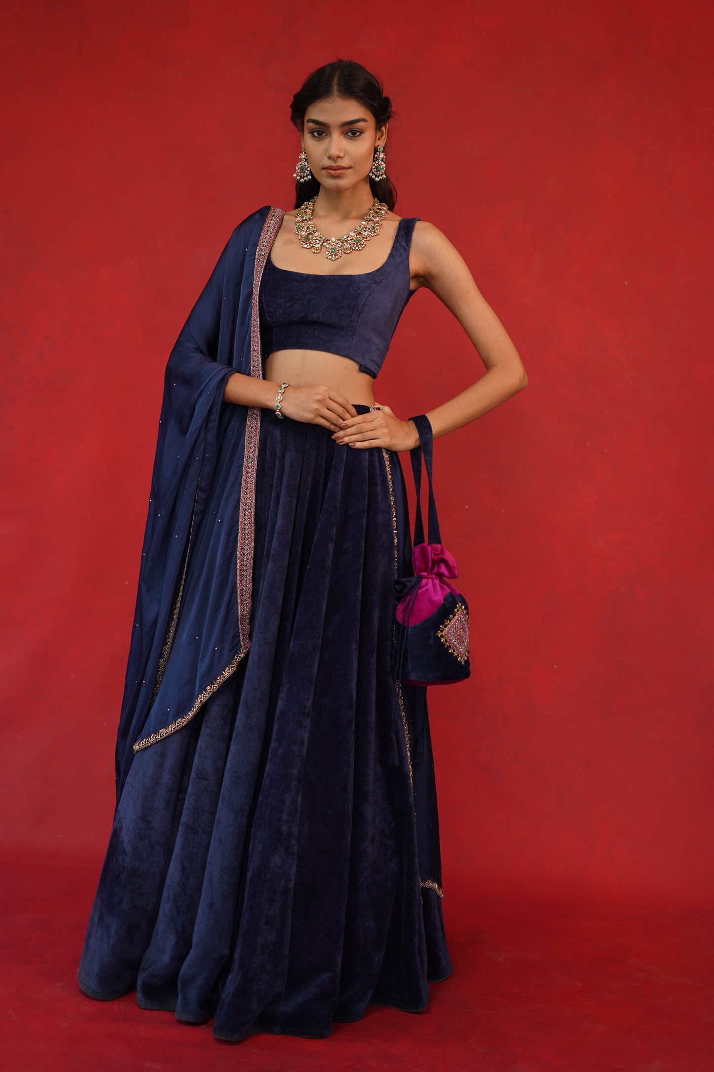 Velvet Blouse & Lehenga With Organza Dupatta