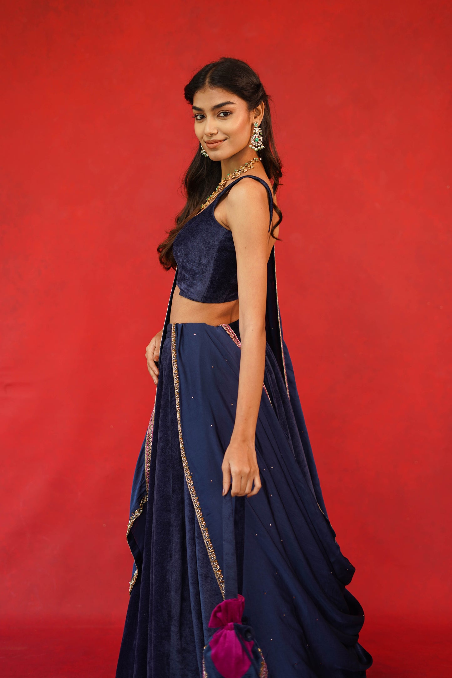 Velvet Blouse & Lehenga With Organza Dupatta