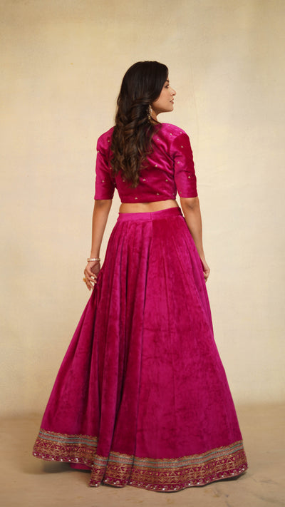 Velvet Embroidered Blouse & Jacket With Lehenga (3 Pcs Set)