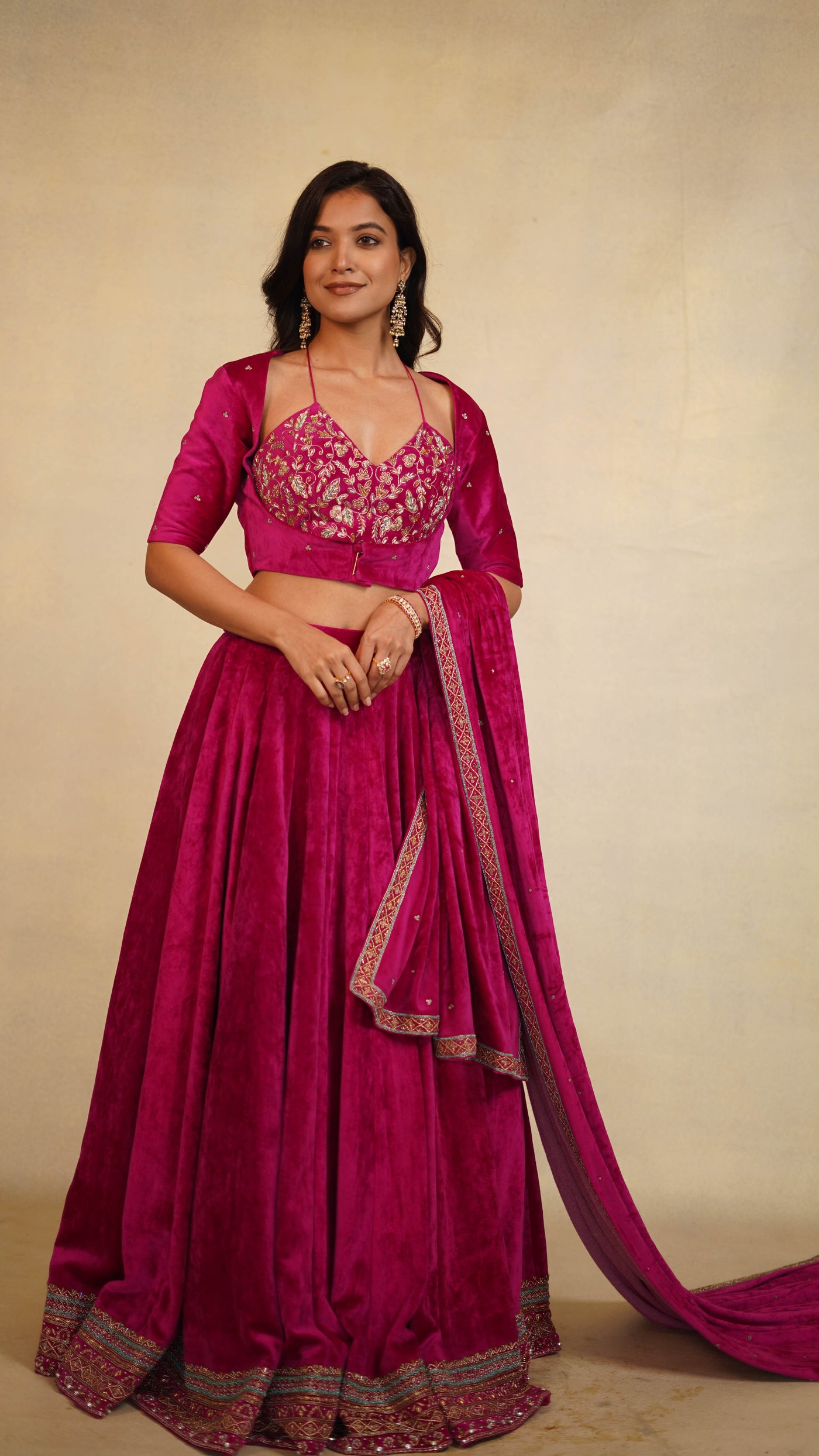Velvet Embroidered Blouse & Jacket With Lehenga (3 Pcs Set)