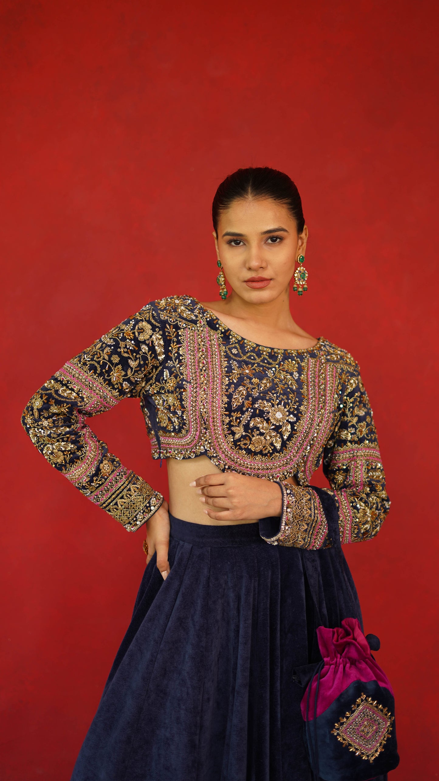 Full Embroidered Blouse With Velvet Lehenga