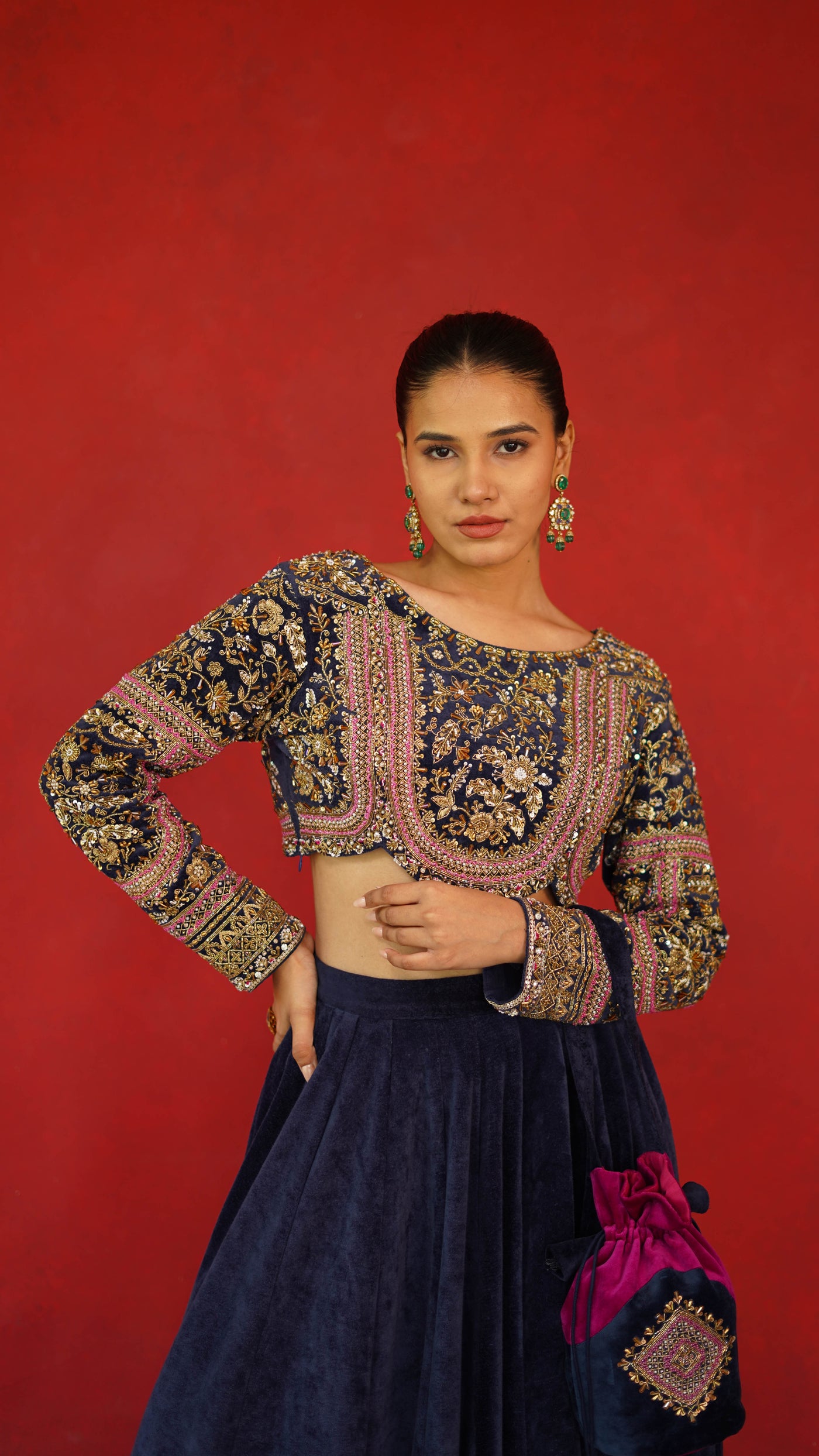 Velvet Full Embroidered Blouse With Velvet Lehenga