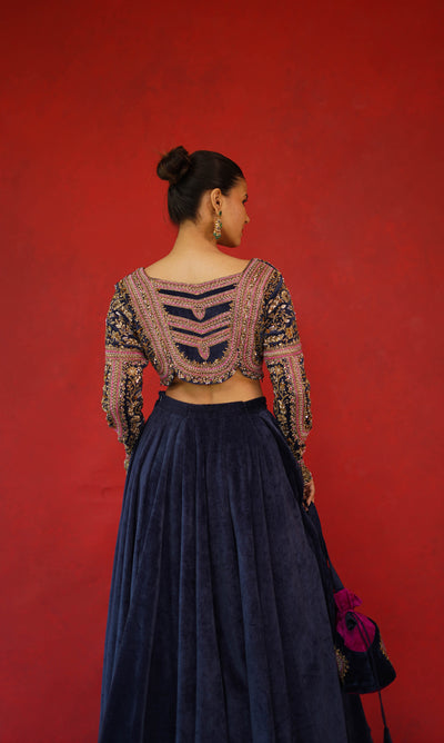 Velvet Full Embroidered Blouse With Velvet Lehenga