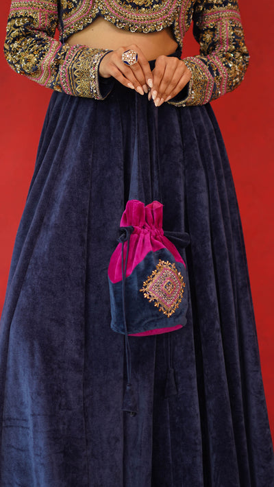 Velvet Full Embroidered Blouse With Velvet Lehenga