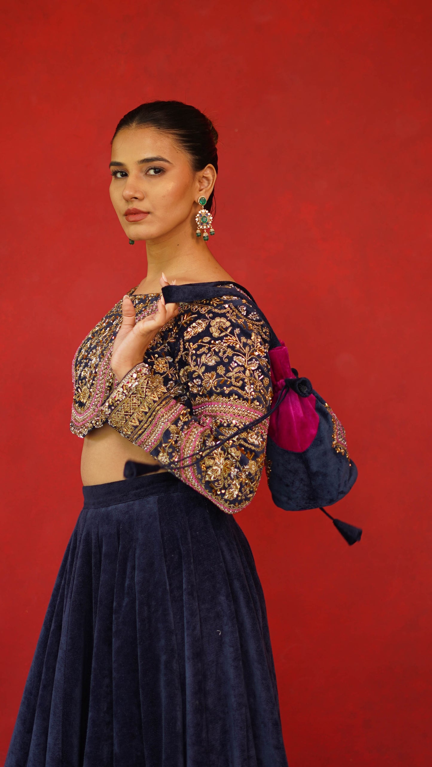 Full Embroidered Blouse With Velvet Lehenga