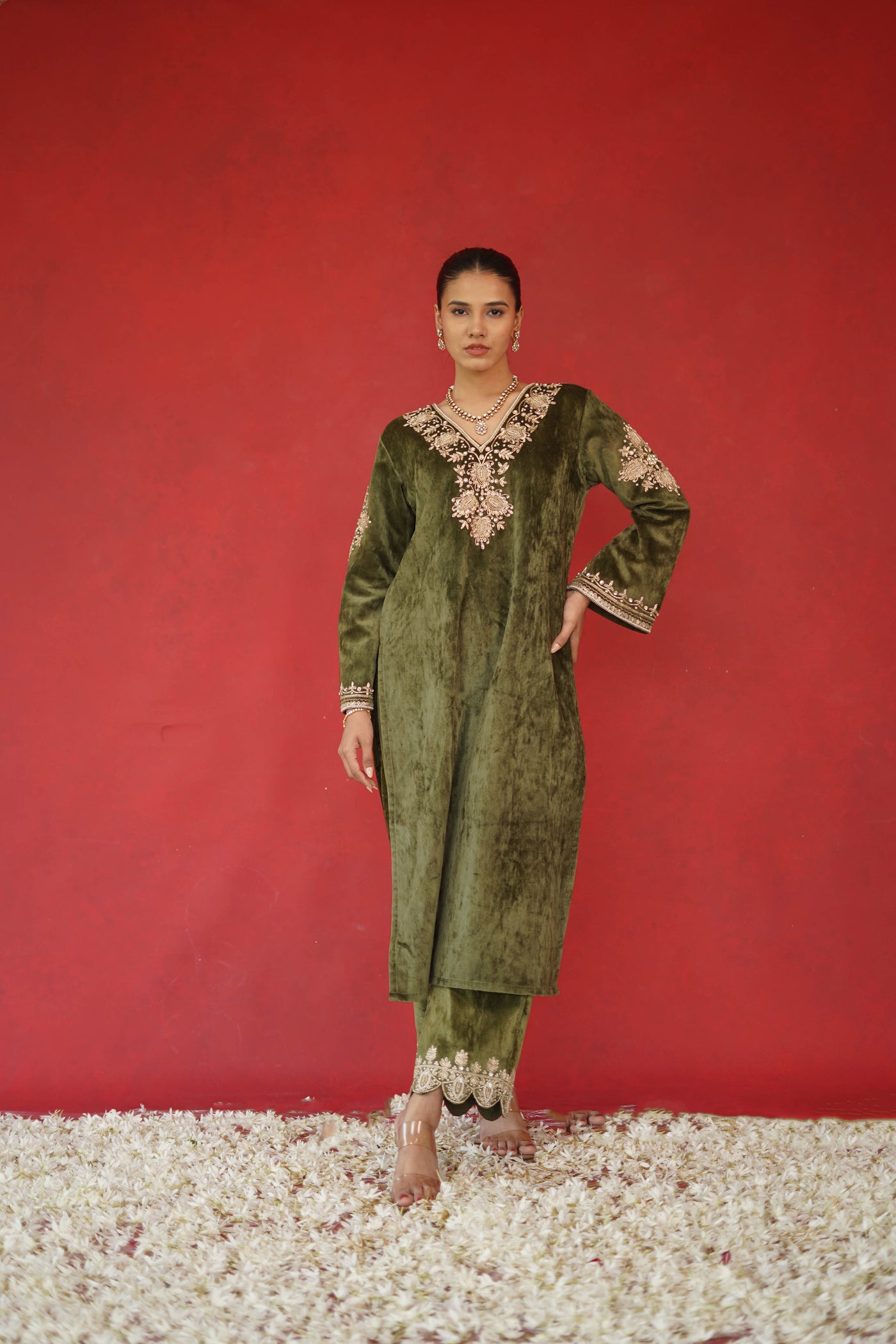 Velvet Embroidered Kurta Set