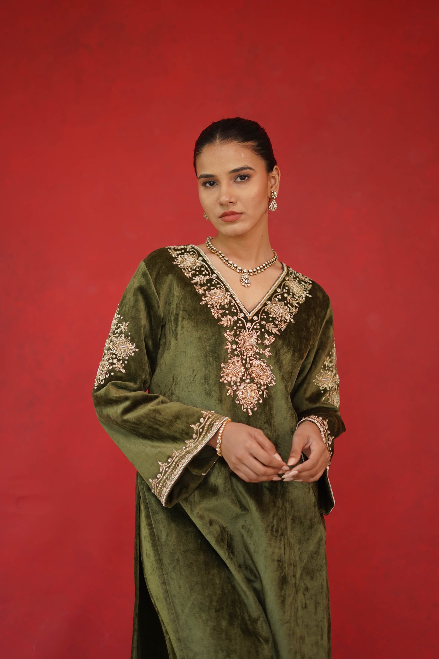 Velvet Embroidered Kurta Set