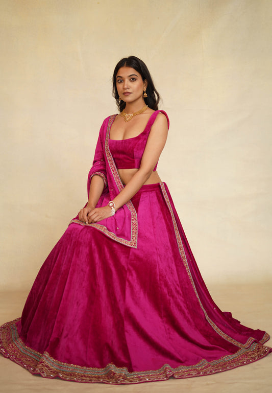 Velvet Blouse With Edge Embroidered Lehenga Set (3-Pieces Set)