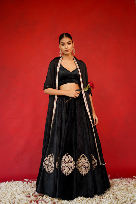 Velvet Blouse & Mid Embroidered Lehenga Set (3- Piece set)