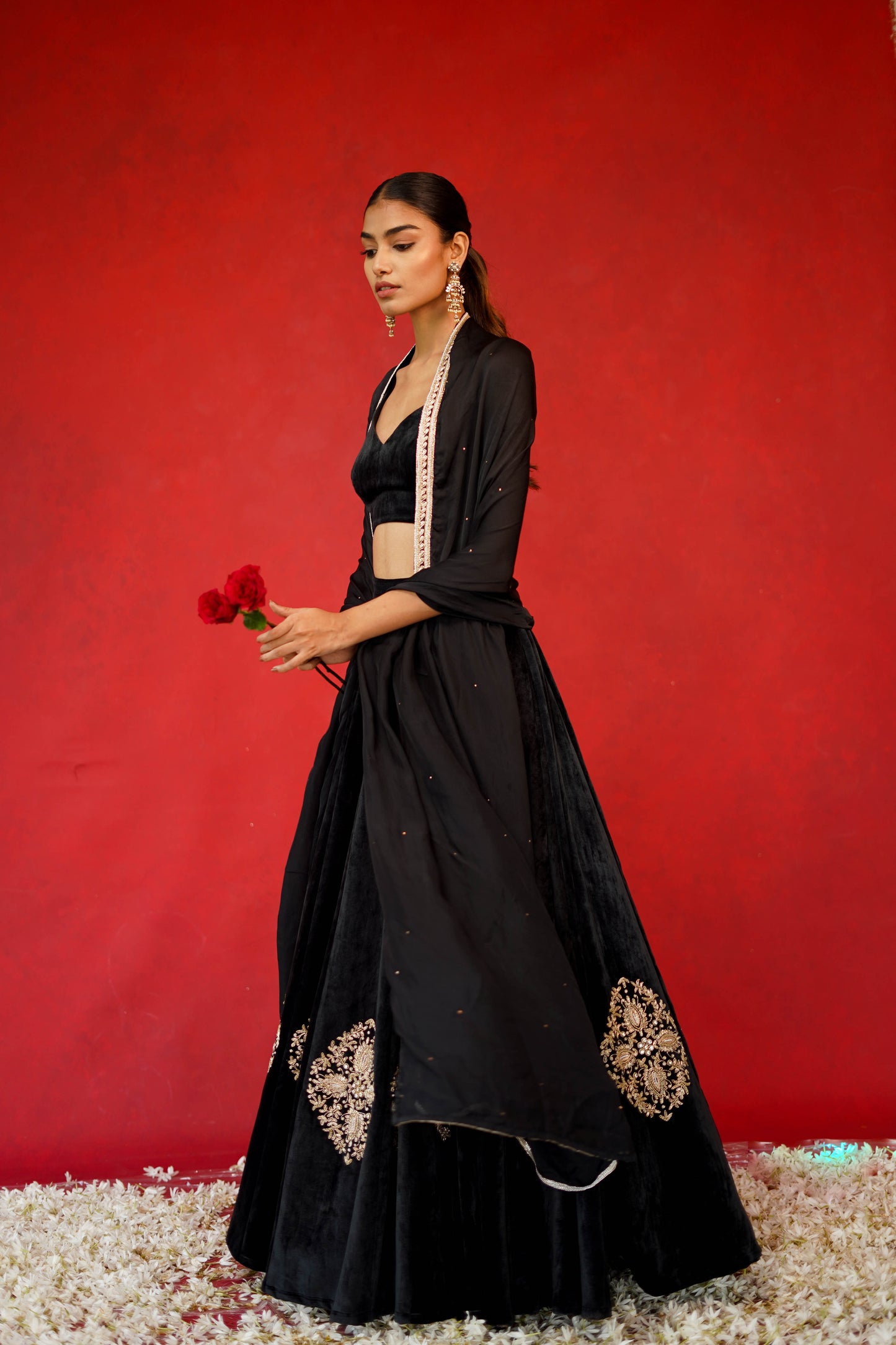 Velvet Blouse & Mid Embroidered Lehenga Set (3- Piece set)