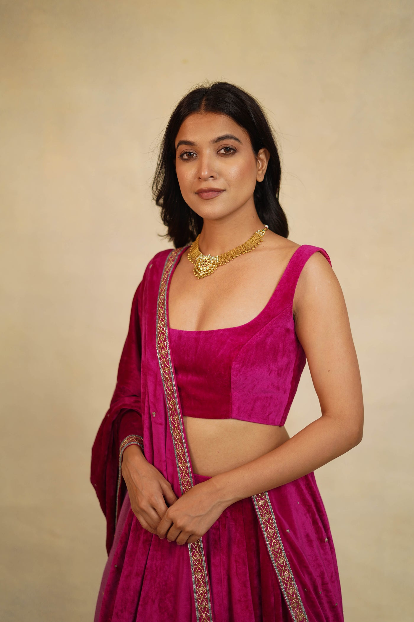 Velvet Blouse With Edge Embroidered Lehenga Set (3-Pieces Set)