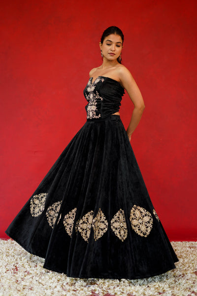 Velvet Embroidered Corset With Mid-Embroidered Lehenga Set