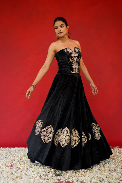 Velvet Embroidered Corset With Mid-Embroidered Lehenga Set