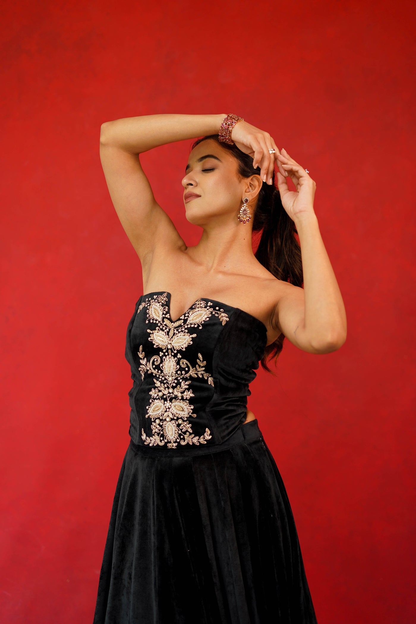 Velvet Embroidered Corset With Mid-Embroidered Lehenga Set