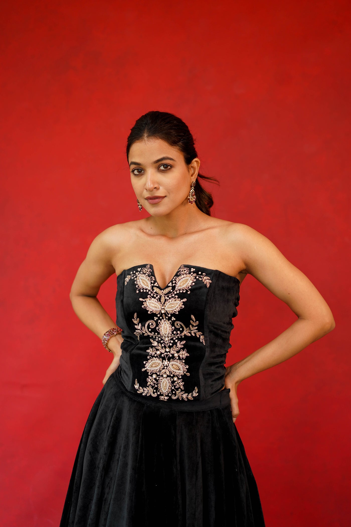 Velvet Embroidered Corset With Mid-Embroidered Lehenga Set