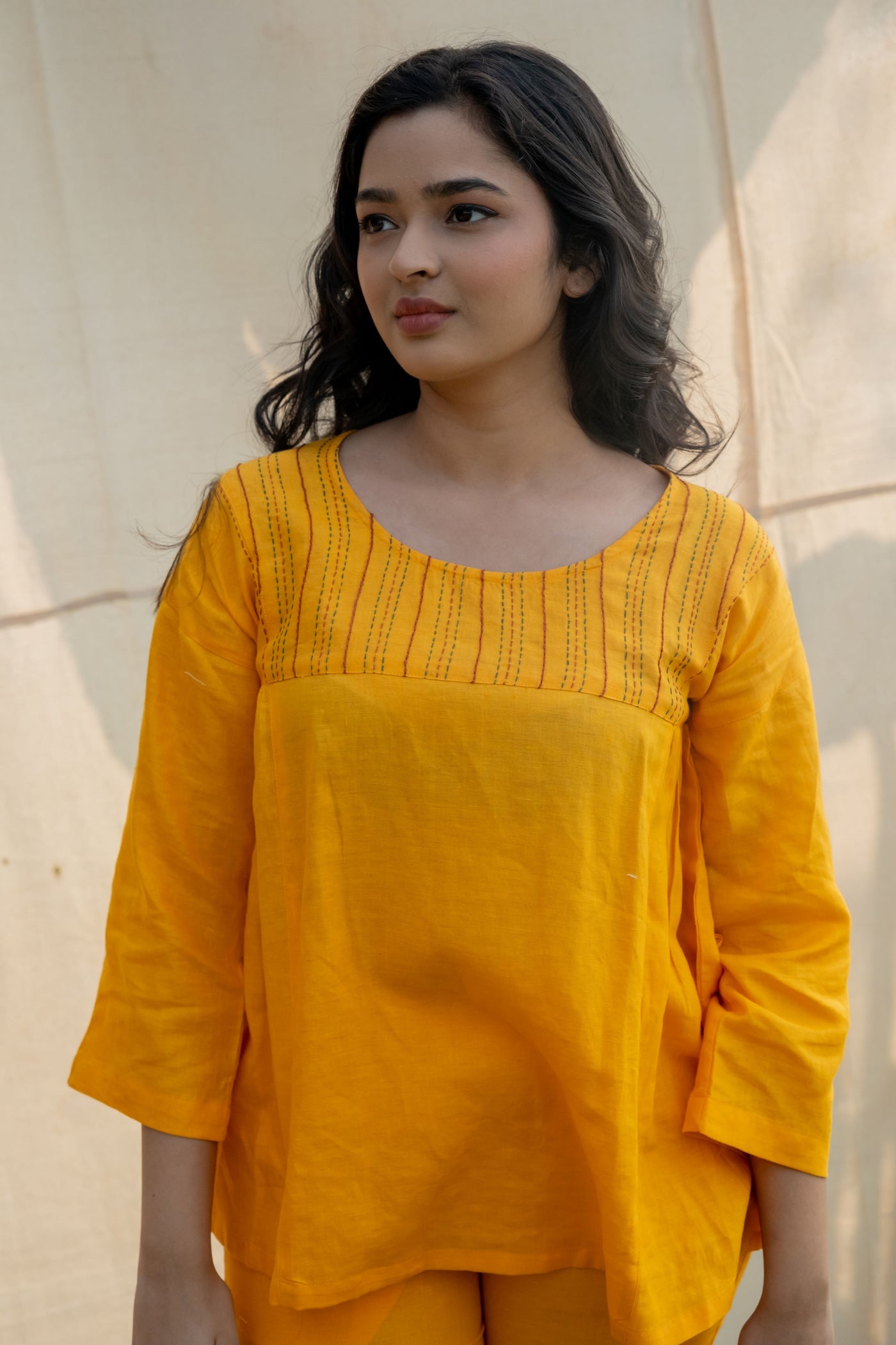 Lincell Gathered Embroidered Co-ord Set - Amber Yellow