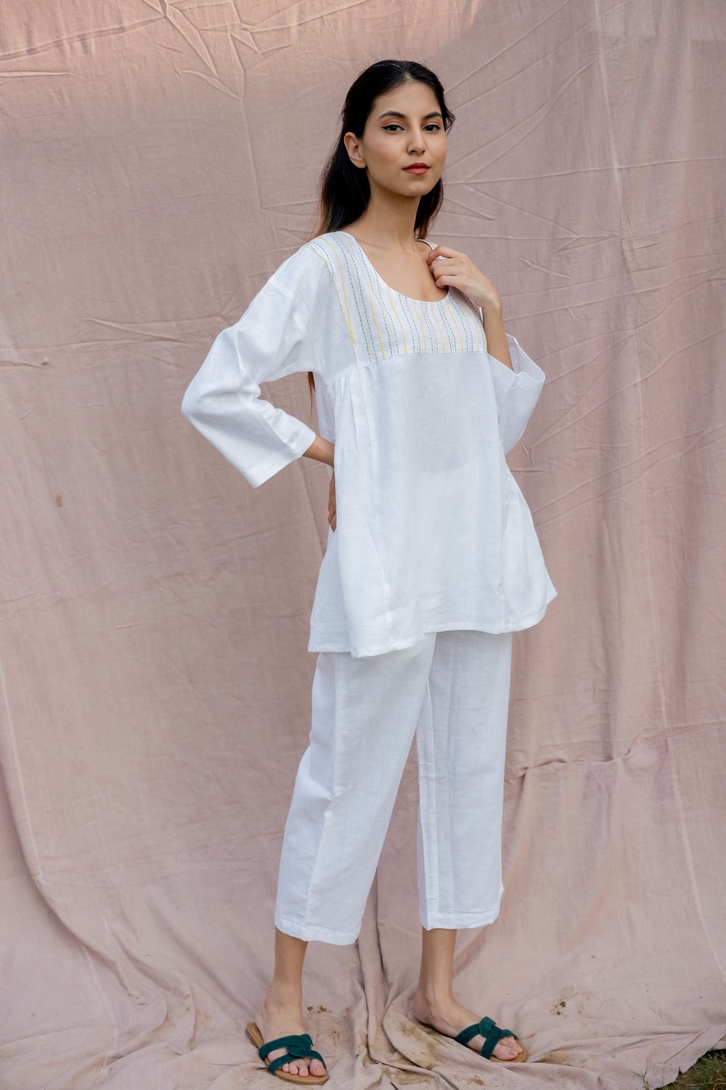 Gathered Embroidered Co-ord Set - Pristine White