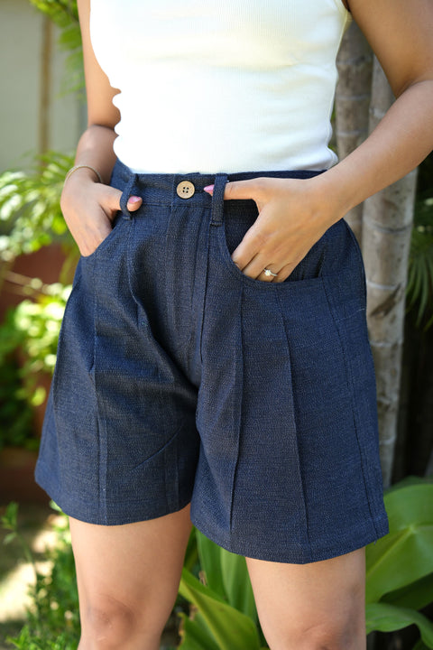 Denim Pleated Shorts