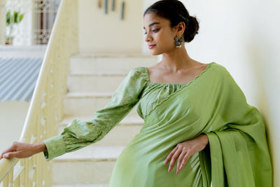 Rose silk organza saree- Moss green