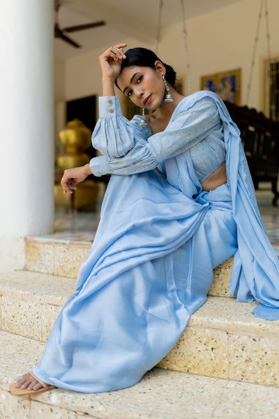 Rose silk organza saree- Blue mist