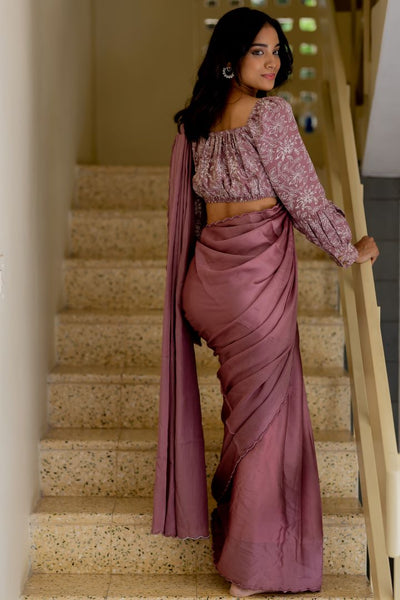 Rose silk organza saree- Woodrose