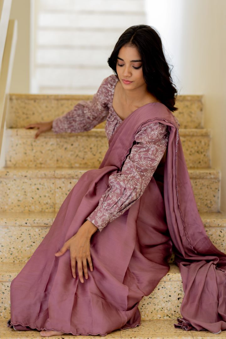 Rose silk organza saree- Woodrose