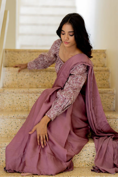 Rose silk organza saree- Woodrose