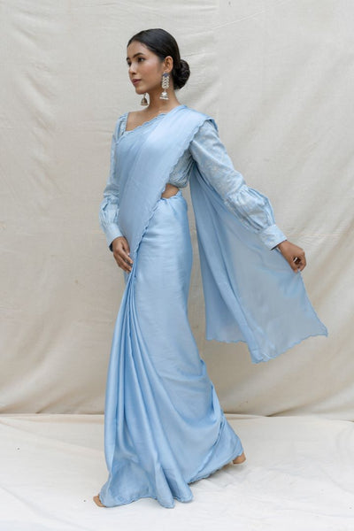 Rose silk organza saree- Blue mist